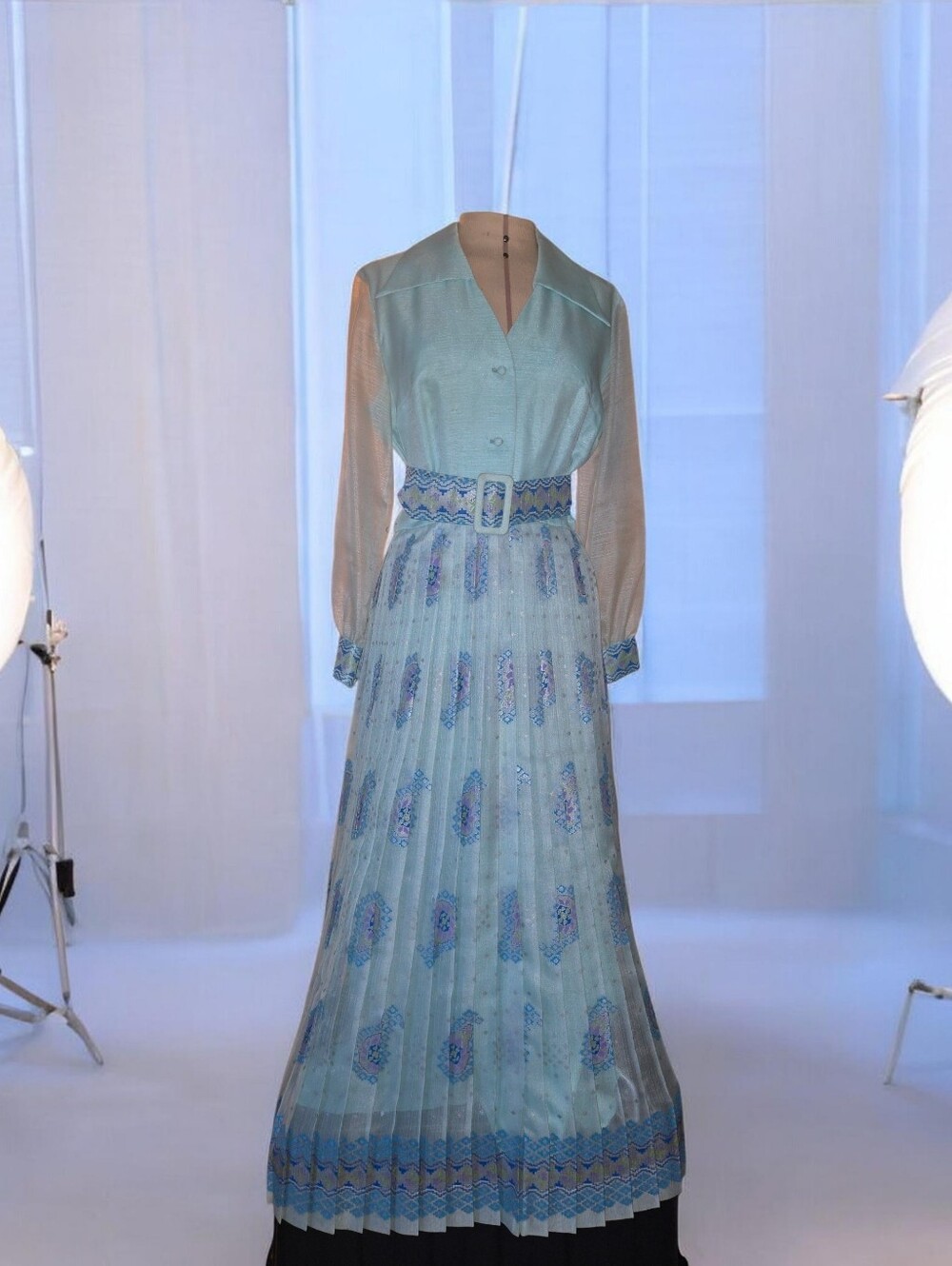 Alfred Shaheen 1960s Light Blue Pleated Dress with Belt